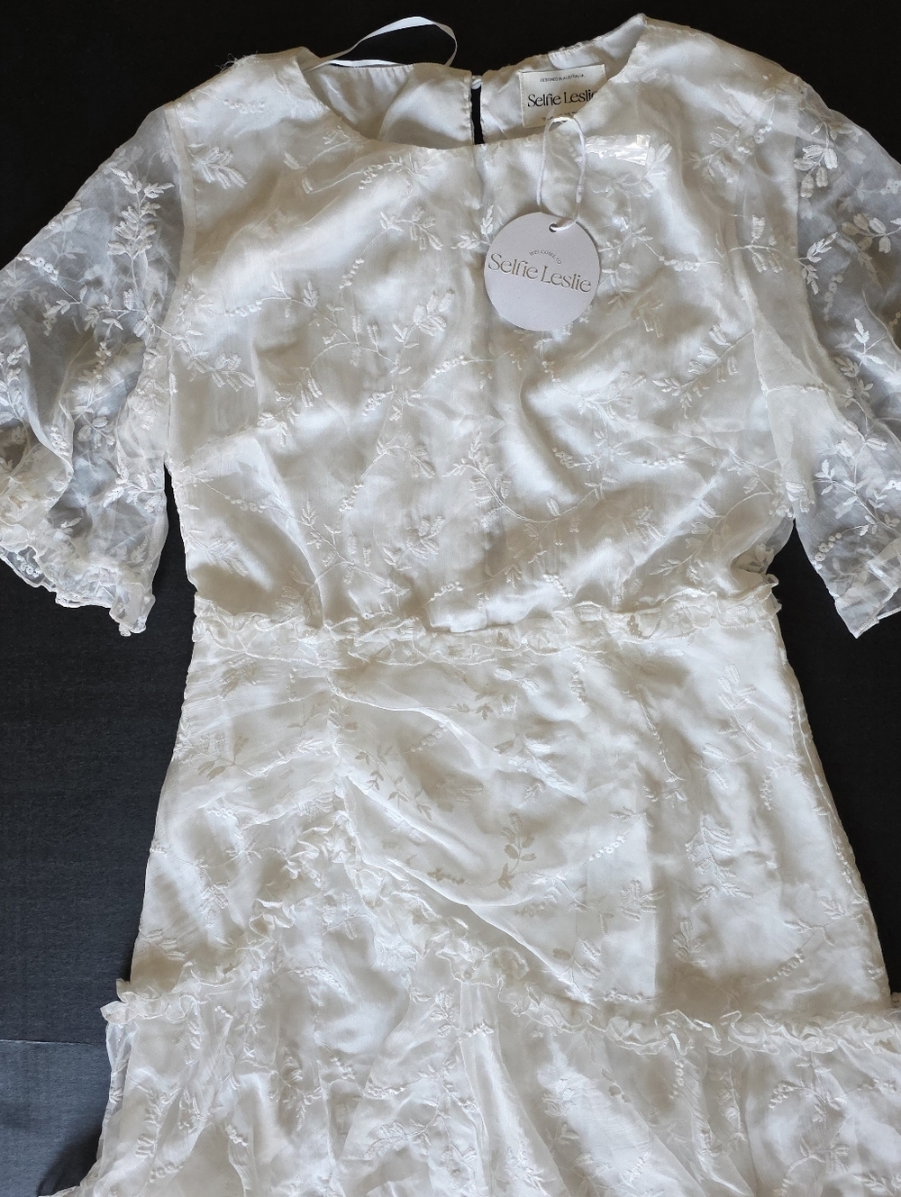 Selfie Leslie White Embroidered Organza Mini Dress Bridal Cottagecore Ruffle - Picture 3 of 8